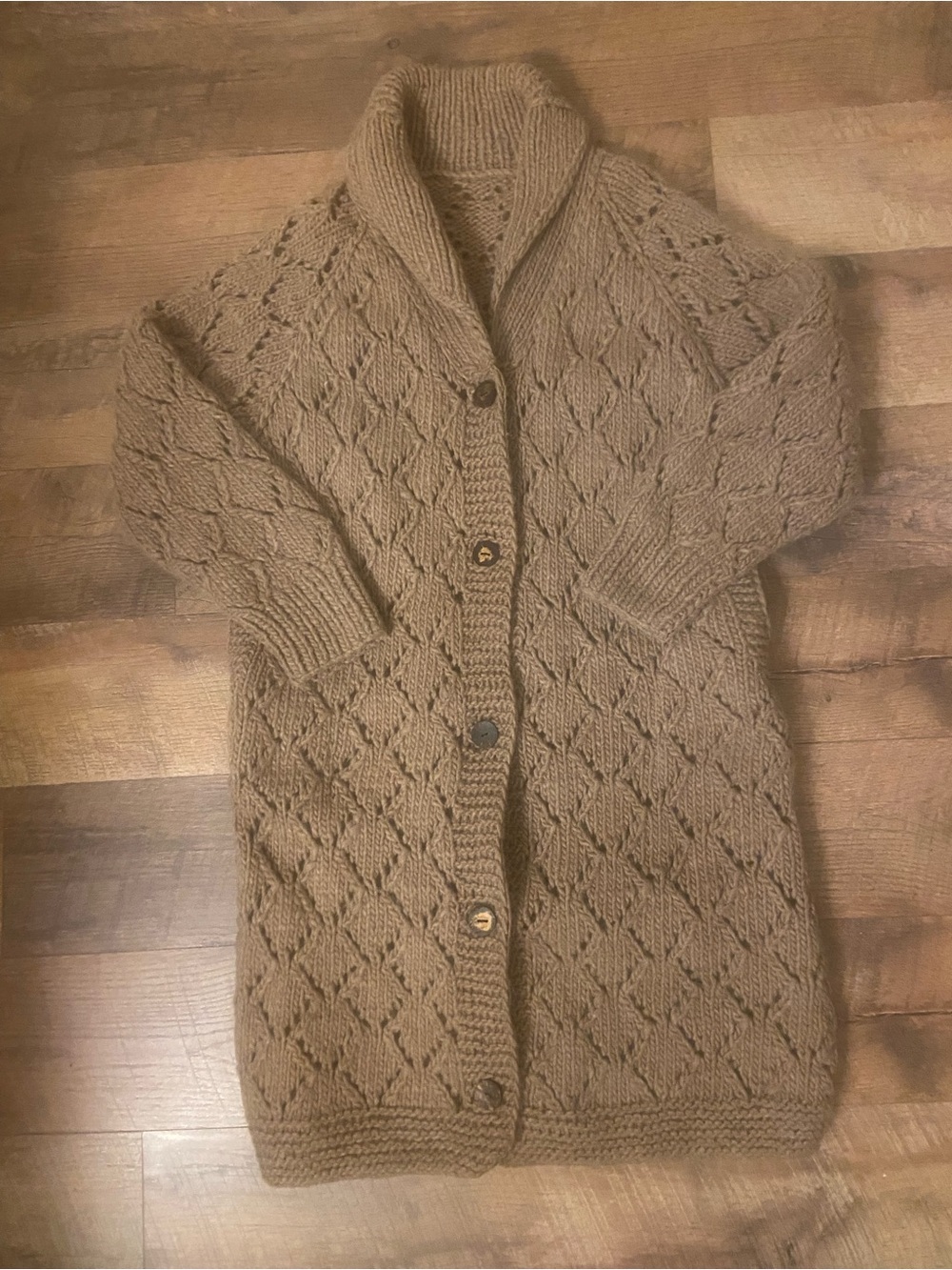 Cozy Open-Knit Shawl Collar Cardigan Sweater - Brown 38 inches long. - Picture 1 of 5